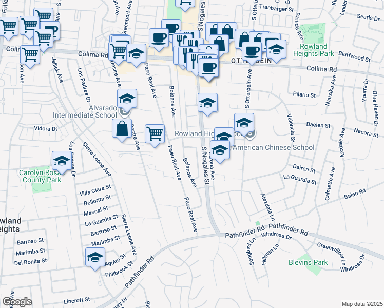 map of restaurants, bars, coffee shops, grocery stores, and more near in City of Industry