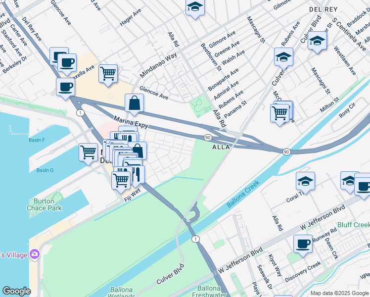 map of restaurants, bars, coffee shops, grocery stores, and more near 4800 La Villa Marina in Marina del Rey
