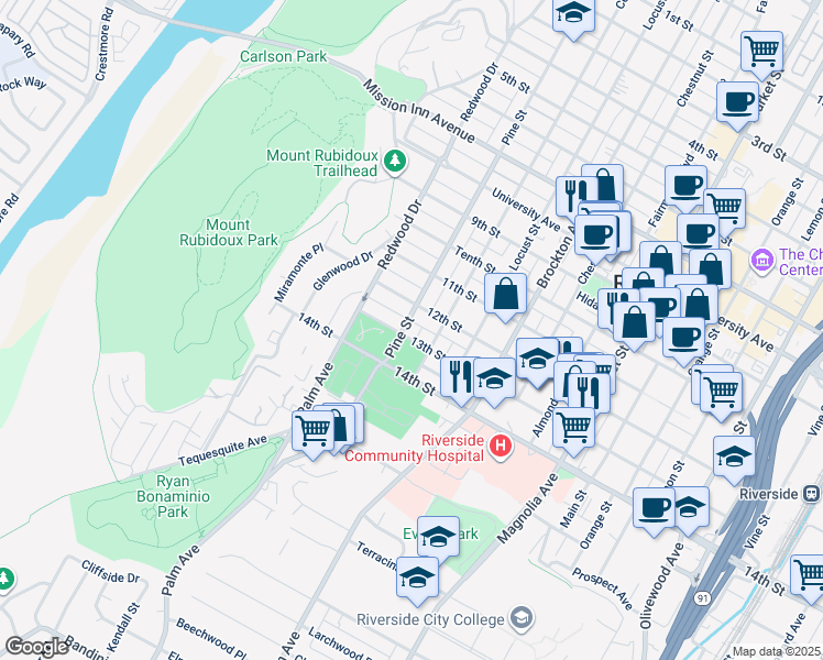 map of restaurants, bars, coffee shops, grocery stores, and more near 4278 Pine Street in Riverside
