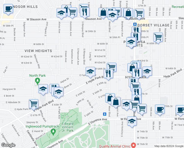 map of restaurants, bars, coffee shops, grocery stores, and more near 1105 East Fairview Boulevard in Inglewood