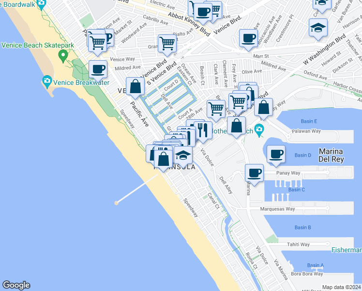 map of restaurants, bars, coffee shops, grocery stores, and more near 3000 Grand Canal in Los Angeles