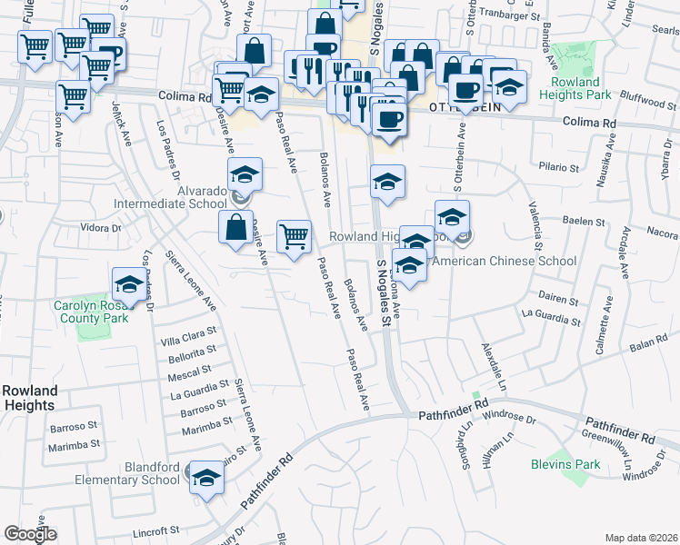 map of restaurants, bars, coffee shops, grocery stores, and more near 2039 Bolanos Avenue in Rowland Heights