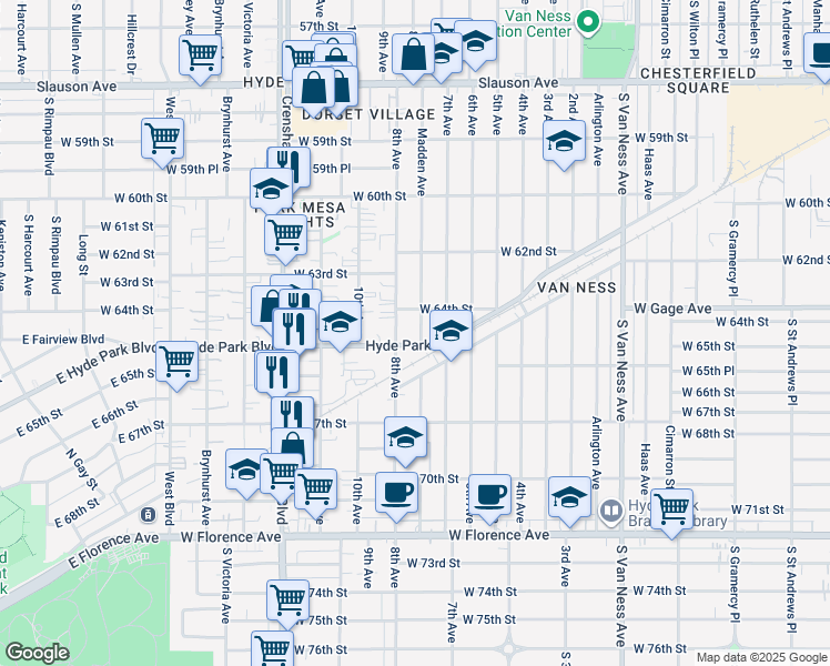 map of restaurants, bars, coffee shops, grocery stores, and more near 6427 Madden Avenue in Los Angeles
