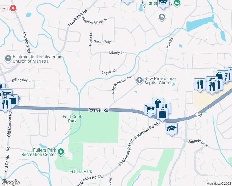 map of restaurants, bars, coffee shops, grocery stores, and more near 1254 Independence Way in Marietta