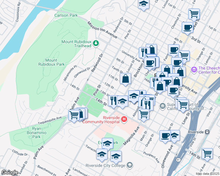 map of restaurants, bars, coffee shops, grocery stores, and more near 4292 12th Street in Riverside
