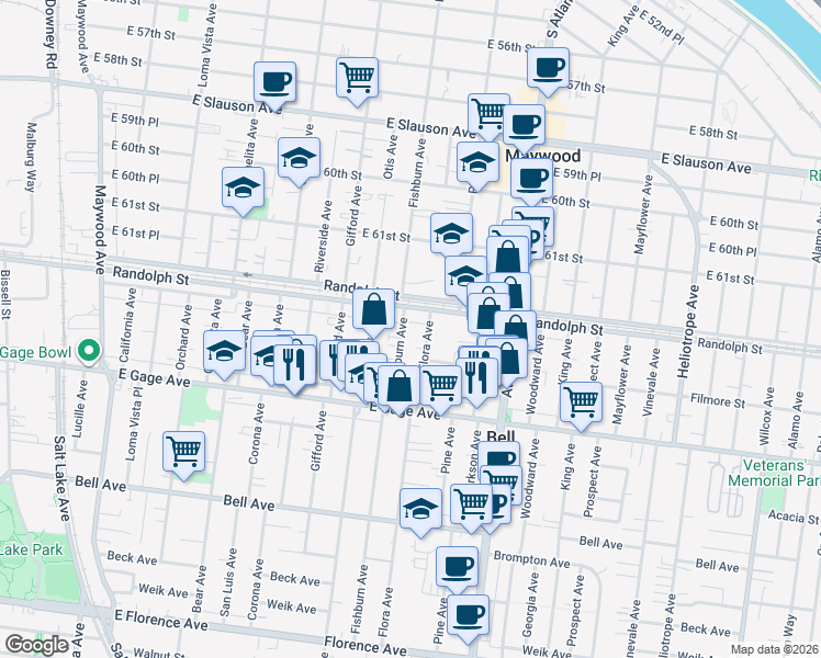 map of restaurants, bars, coffee shops, grocery stores, and more near 6225 Fishburn Avenue in Bell Gardens