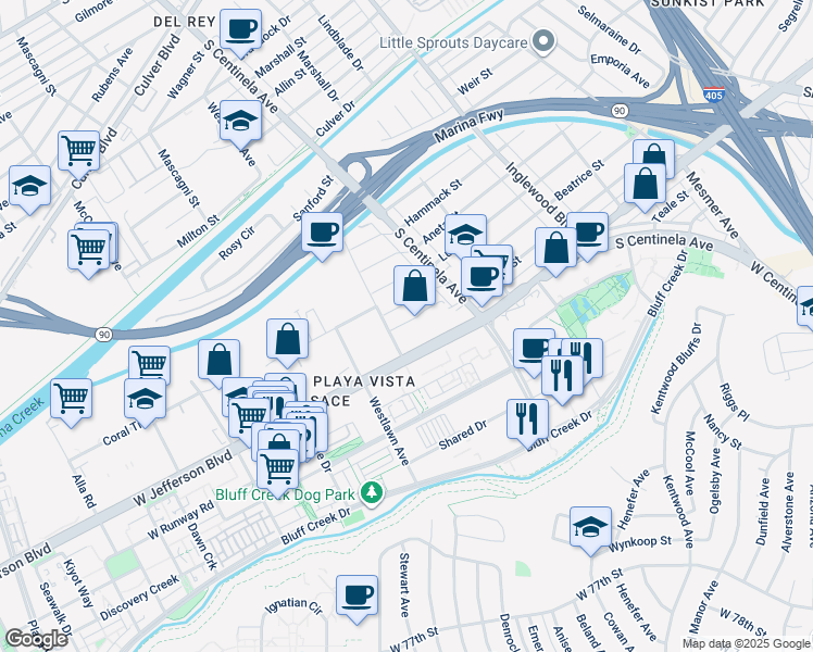 map of restaurants, bars, coffee shops, grocery stores, and more near 5550 Grosvenor Boulevard in Los Angeles