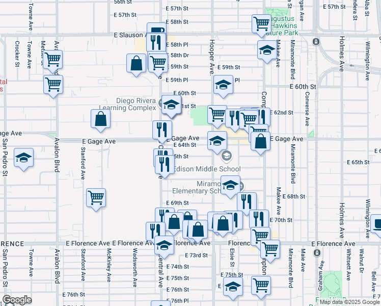 map of restaurants, bars, coffee shops, grocery stores, and more near 1203 East 65th Street in Los Angeles
