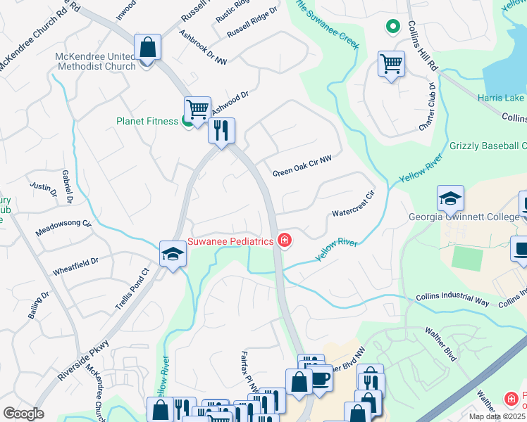 map of restaurants, bars, coffee shops, grocery stores, and more near 1540 Ox Bridge Court Northwest in Lawrenceville