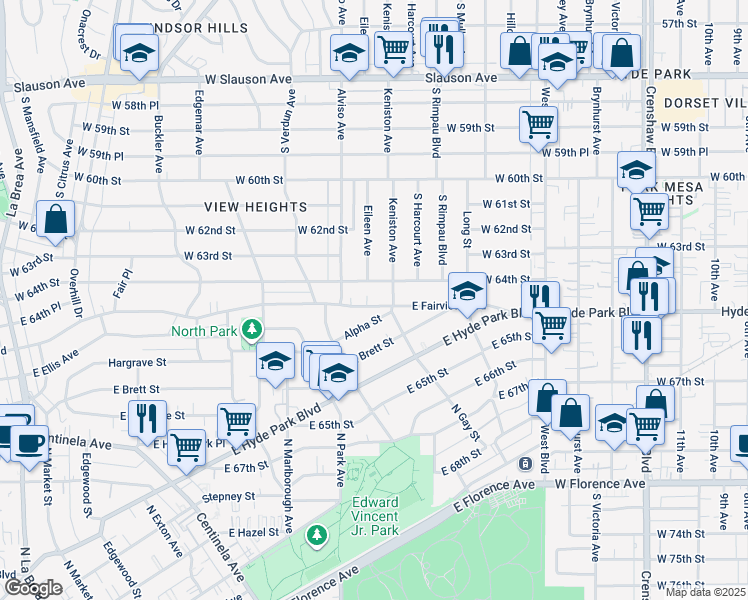 map of restaurants, bars, coffee shops, grocery stores, and more near 931 East Fairview Boulevard in Inglewood