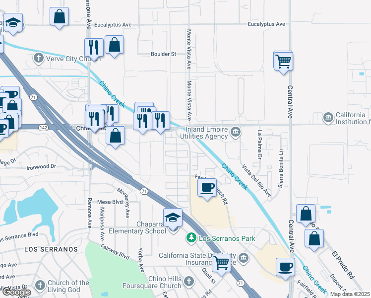 map of restaurants, bars, coffee shops, grocery stores, and more near 15050 Monte Vista Avenue in Chino Hills