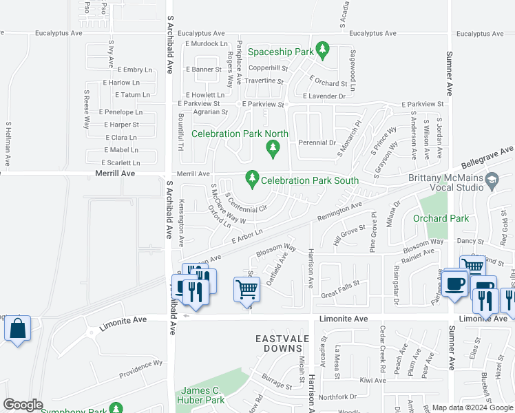 map of restaurants, bars, coffee shops, grocery stores, and more near 5090 South Centennial Circle in Ontario