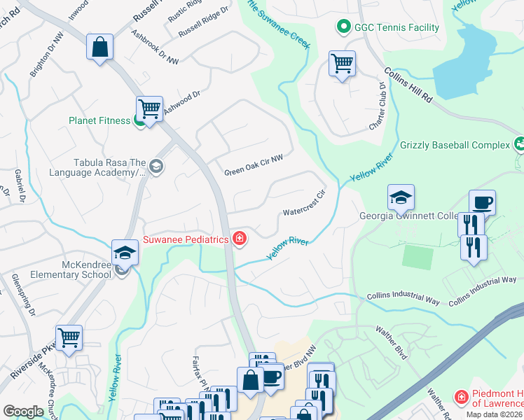 map of restaurants, bars, coffee shops, grocery stores, and more near 2024 Watercrest Circle in Lawrenceville
