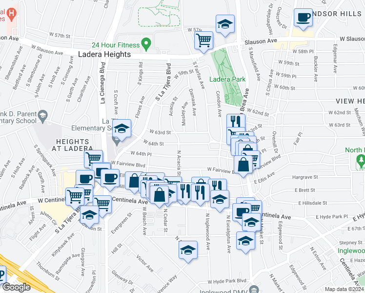 map of restaurants, bars, coffee shops, grocery stores, and more near 332 West 64th Street in Inglewood