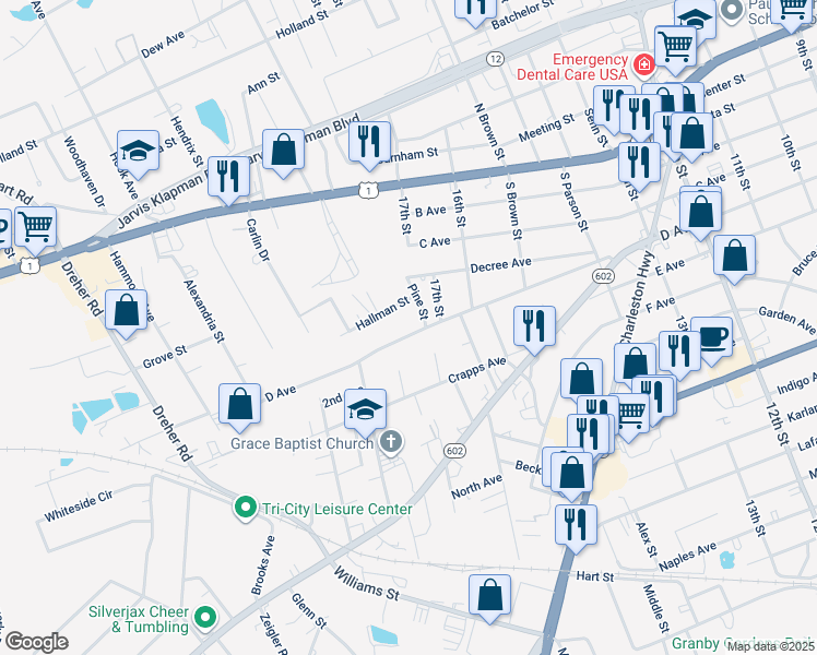 map of restaurants, bars, coffee shops, grocery stores, and more near 1746 D Avenue in West Columbia