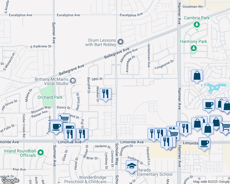map of restaurants, bars, coffee shops, grocery stores, and more near 5890 Ginger Drive in Corona