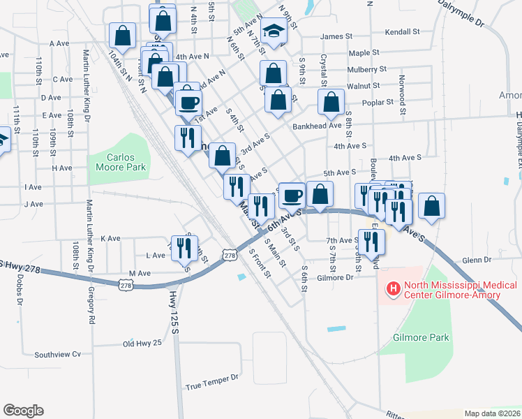 map of restaurants, bars, coffee shops, grocery stores, and more near 200-298 5th Ave S in Amory