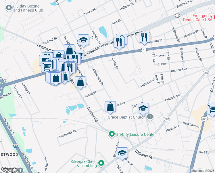 map of restaurants, bars, coffee shops, grocery stores, and more near 163 Alexandria Street in West Columbia