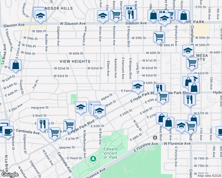 map of restaurants, bars, coffee shops, grocery stores, and more near 935 East Fairview Boulevard in Inglewood