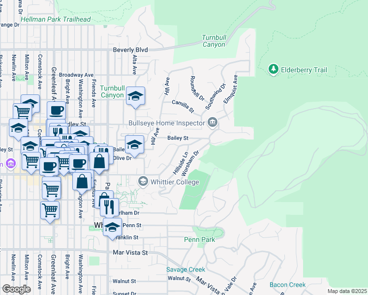 map of restaurants, bars, coffee shops, grocery stores, and more near 13762 Philadelphia Street in Whittier