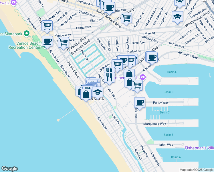 map of restaurants, bars, coffee shops, grocery stores, and more near Washington Blvd & Via Dolce in Marina Del Rey