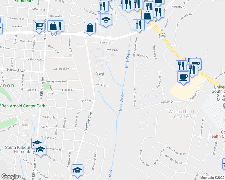 map of restaurants, bars, coffee shops, grocery stores, and more near 4210 Mikell Lane in Columbia