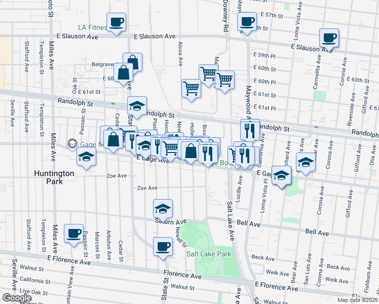 map of restaurants, bars, coffee shops, grocery stores, and more near 6337 Hollenbeck Street in Huntington Park