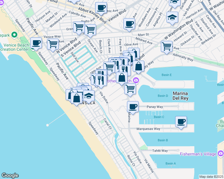 map of restaurants, bars, coffee shops, grocery stores, and more near 4017 Vía Marina in Marina del Rey