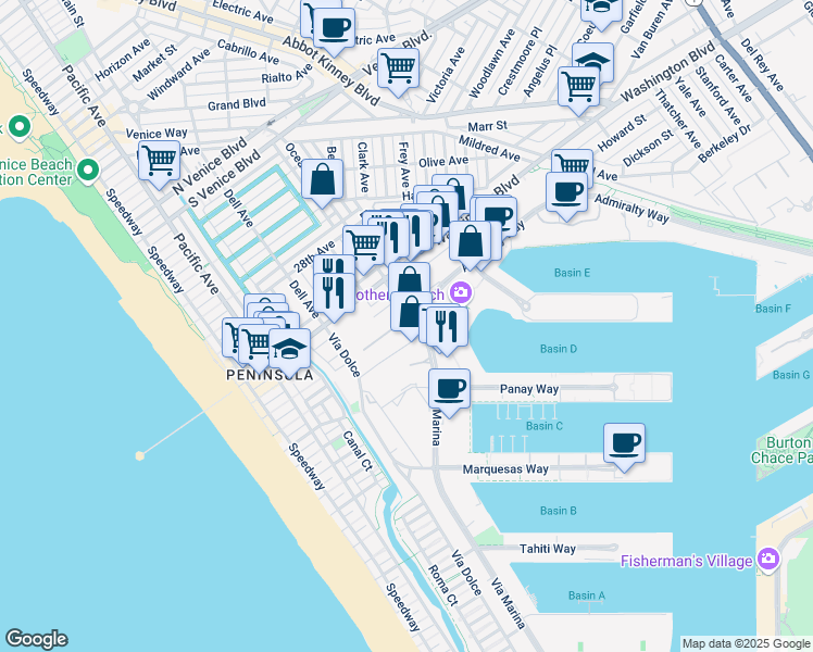 map of restaurants, bars, coffee shops, grocery stores, and more near 4111 Via Marina in Marina del Rey