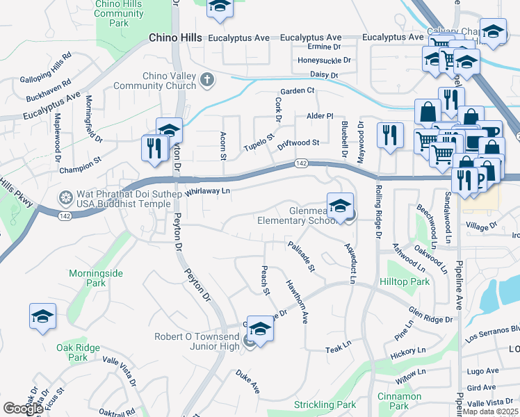 map of restaurants, bars, coffee shops, grocery stores, and more near 3536 Terrace Dr in Chino Hills