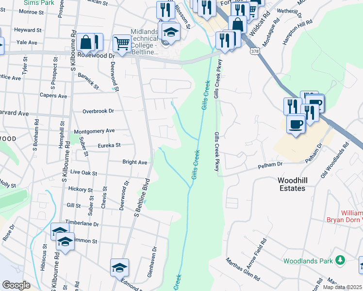 map of restaurants, bars, coffee shops, grocery stores, and more near 4210 Mikell Lane in Columbia