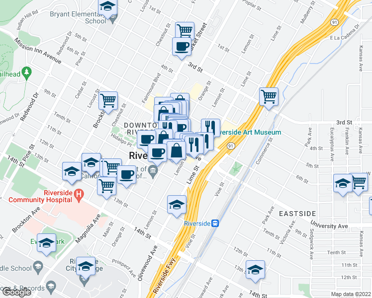 map of restaurants, bars, coffee shops, grocery stores, and more near 385 University Avenue in Riverside