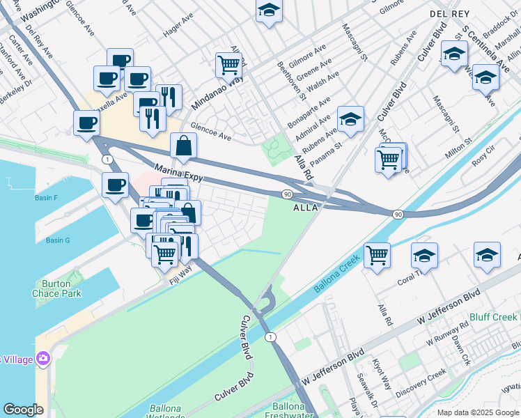 map of restaurants, bars, coffee shops, grocery stores, and more near 4800 La Villa Marina in Marina del Rey