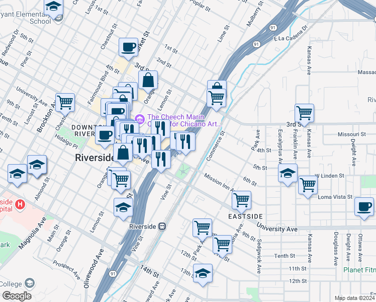 map of restaurants, bars, coffee shops, grocery stores, and more near 3625 Vine Street in Riverside