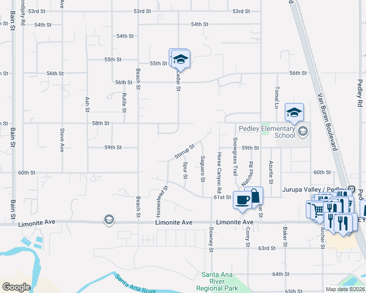 map of restaurants, bars, coffee shops, grocery stores, and more near 9447 Stirrup Street in Riverside