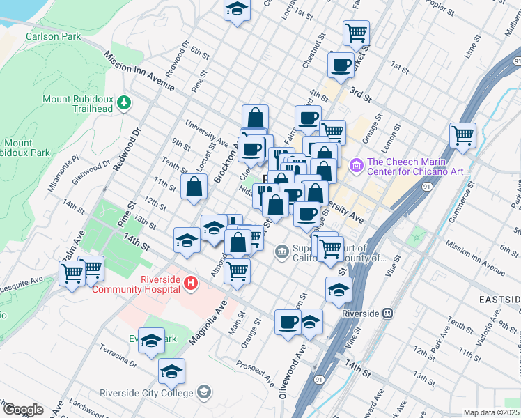 map of restaurants, bars, coffee shops, grocery stores, and more near 3861 Tenth Street in Riverside