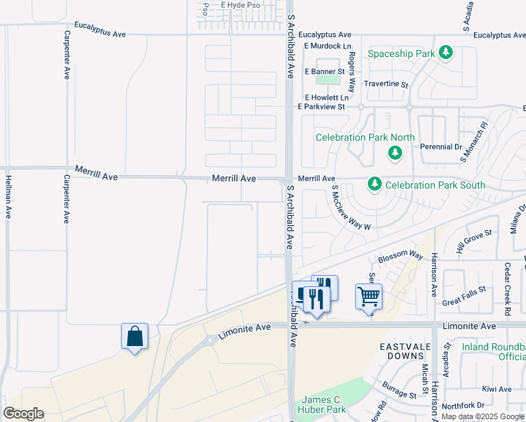 map of restaurants, bars, coffee shops, grocery stores, and more near 5170 South Archibald Avenue in Ontario