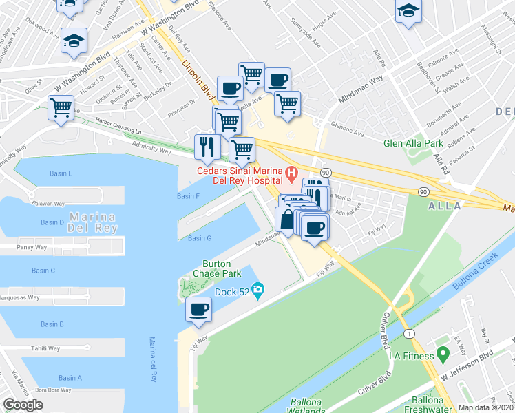 map of restaurants, bars, coffee shops, grocery stores, and more near 4625 Admiralty Way in Marina del Rey
