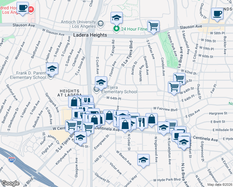 map of restaurants, bars, coffee shops, grocery stores, and more near 500 West 64th Street in Inglewood