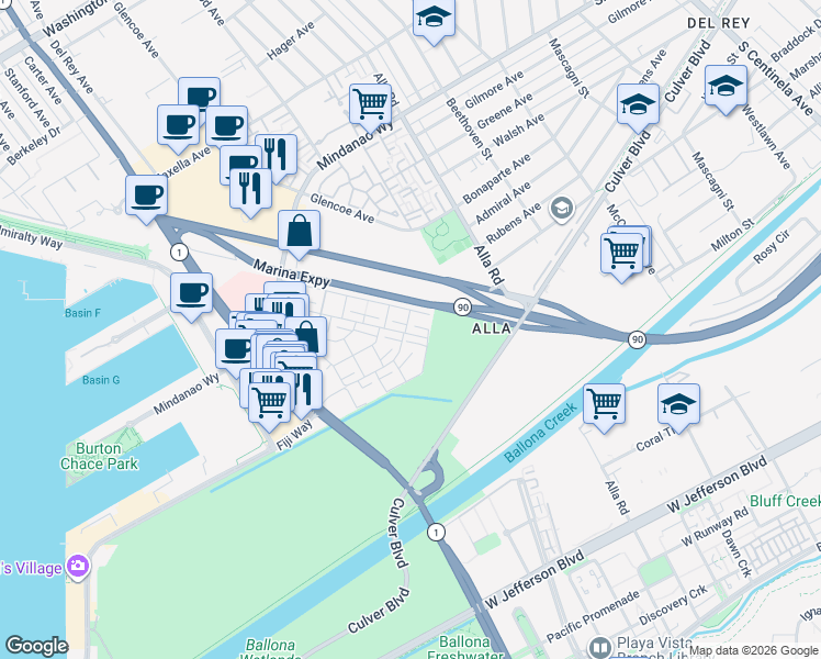 map of restaurants, bars, coffee shops, grocery stores, and more near 4800 La Villa Marina in Marina del Rey