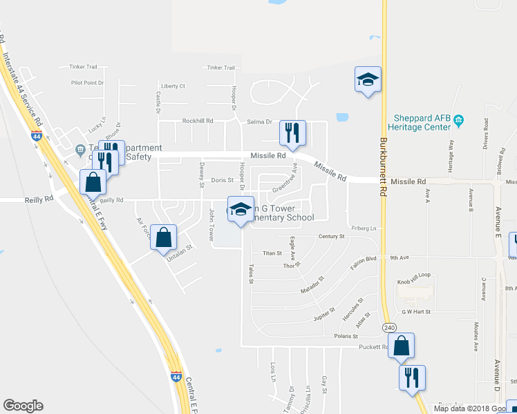 map of restaurants, bars, coffee shops, grocery stores, and more near 5316 Pebblestone Drive in Wichita Falls