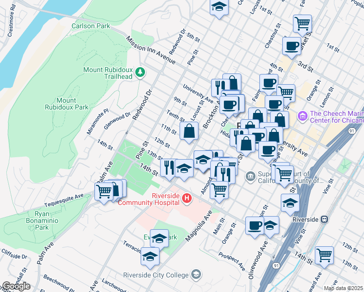 map of restaurants, bars, coffee shops, grocery stores, and more near 4152 Locust Street in Riverside