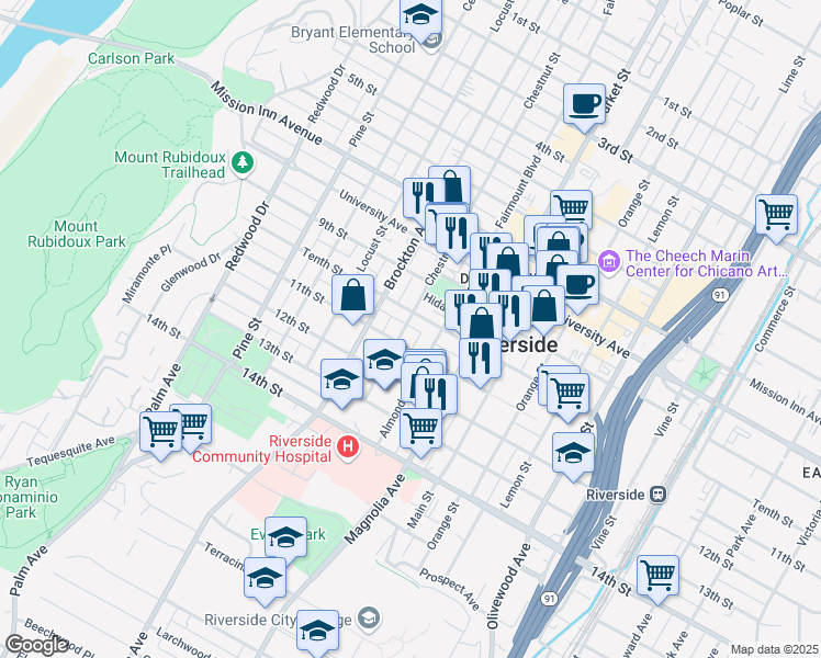 map of restaurants, bars, coffee shops, grocery stores, and more near 4046 Chestnut Street in Riverside