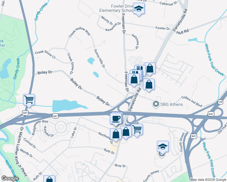 map of restaurants, bars, coffee shops, grocery stores, and more near 125 Freeman Circle in Athens
