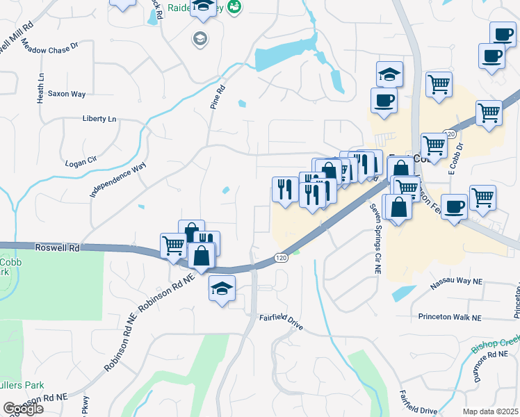 map of restaurants, bars, coffee shops, grocery stores, and more near 1234 Indian Hills Parkway Northeast in Marietta