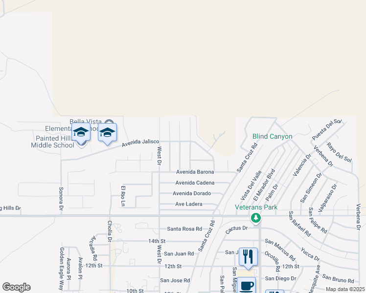 map of restaurants, bars, coffee shops, grocery stores, and more near 9300 Calle Escorial in Desert Hot Springs