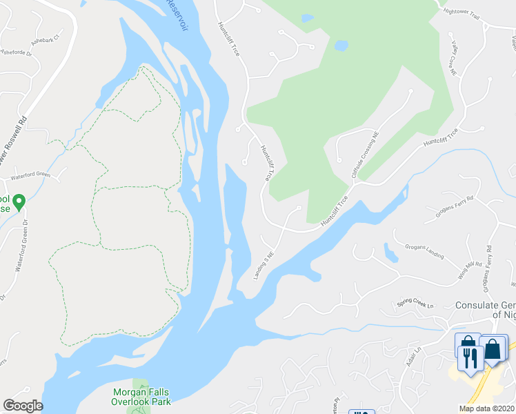 map of restaurants, bars, coffee shops, grocery stores, and more near 9625 Huntcliff Trce in Atlanta