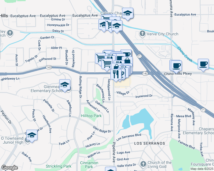 map of restaurants, bars, coffee shops, grocery stores, and more near 14980 Sandalwood Lane in Chino Hills
