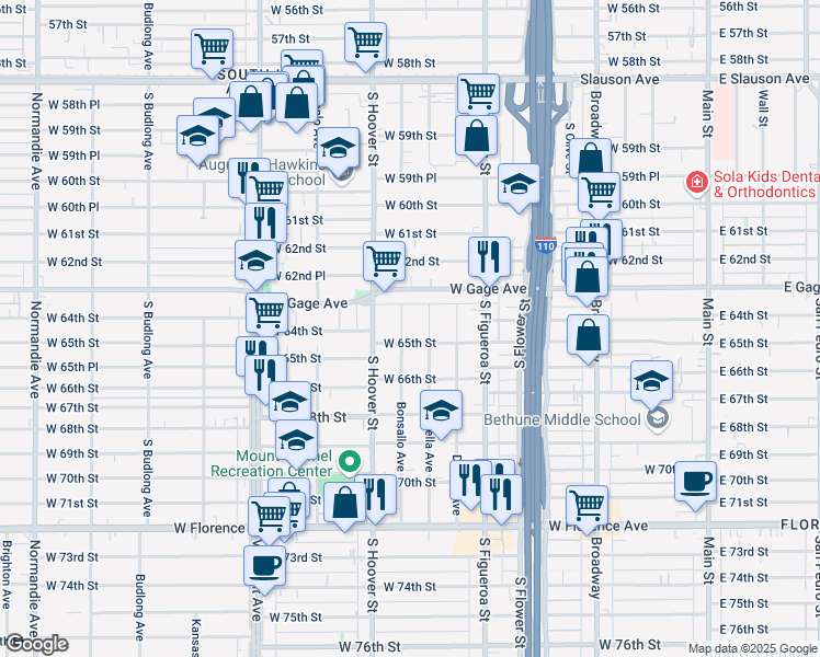 map of restaurants, bars, coffee shops, grocery stores, and more near 6408 Bonsallo Avenue in Los Angeles