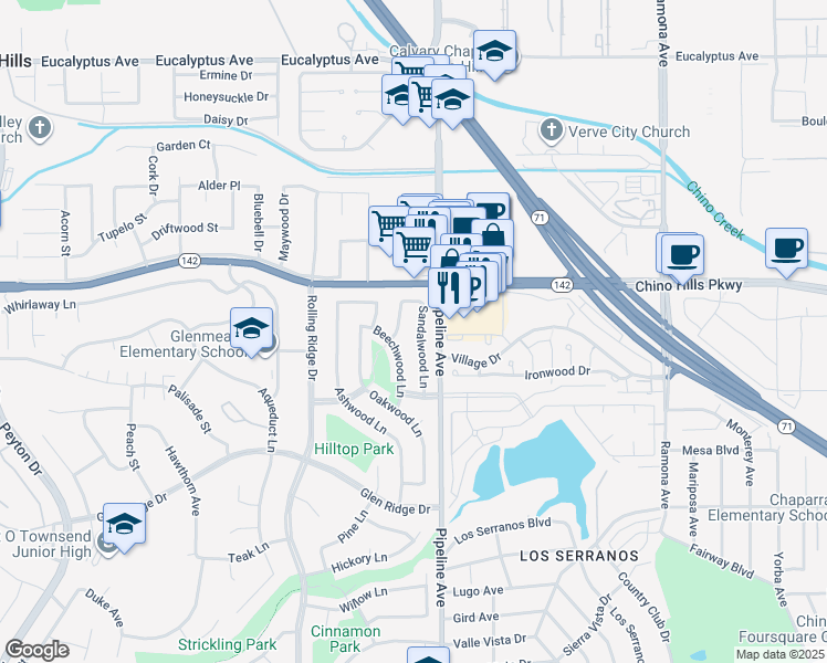 map of restaurants, bars, coffee shops, grocery stores, and more near 14980 Sandalwood Lane in Chino Hills